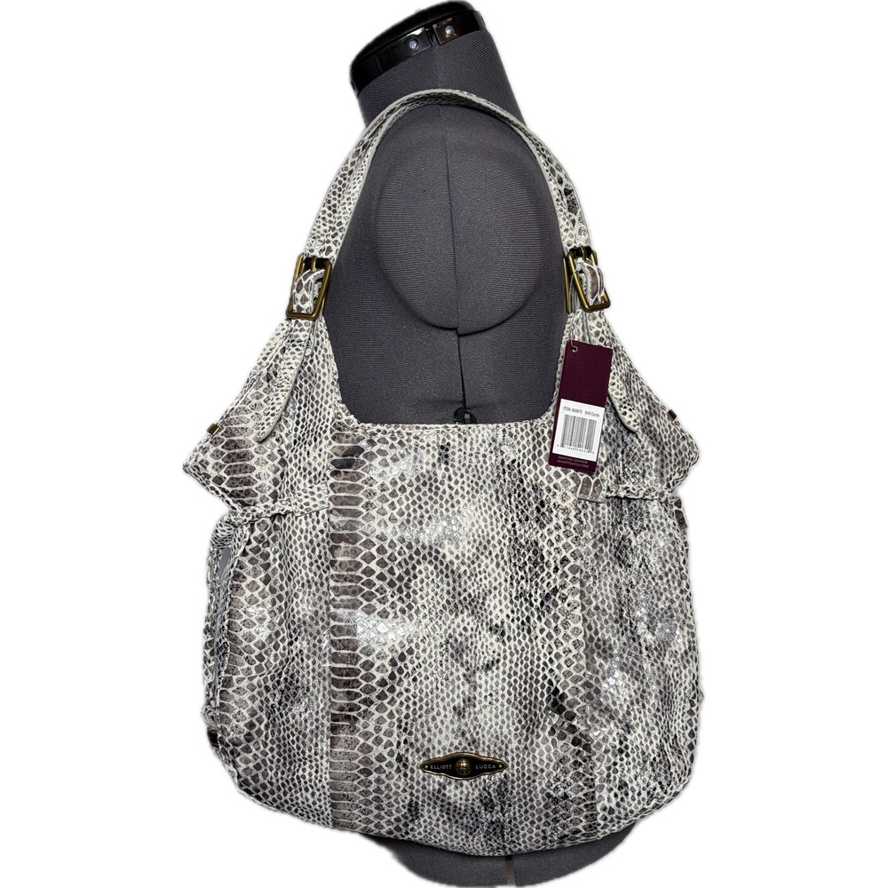 Elliott Lucca Leather B/W Exotic Hobo Bag 16x13 NEW snake print